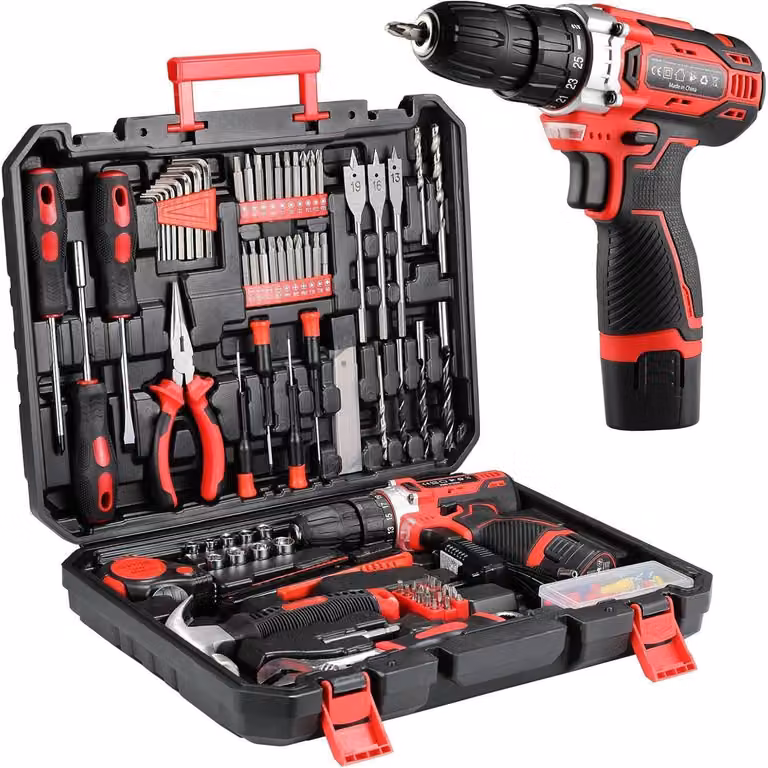 Set di utensili in valigetta, composto da un avvitatore a batteria e 138 pezzi, ideale per lavori domestici e fai-da-te, con trapano/avvitatore a batteria da 12V