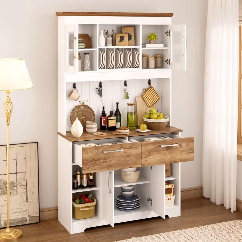 Credenza in stile scandinavo con ante in vetro e ripiani interni, ideale per cucina, sala da pranzo o ingresso, bianco e beige, L: 106 cm, P: 39 cm, H: 176.5 cm – 2