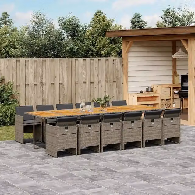 Set da pranzo da giardino vidaXL in polyrattan e legno di acacia con 13 pezzi e cuscini, colore grigio e marrone