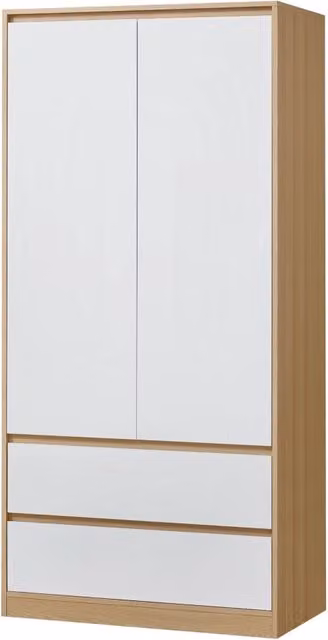 Armadio moderno per camera da letto con 2 cassetti integrati in MDF effetto rovere bianco, H 176 x L 80 x P 52 cm
