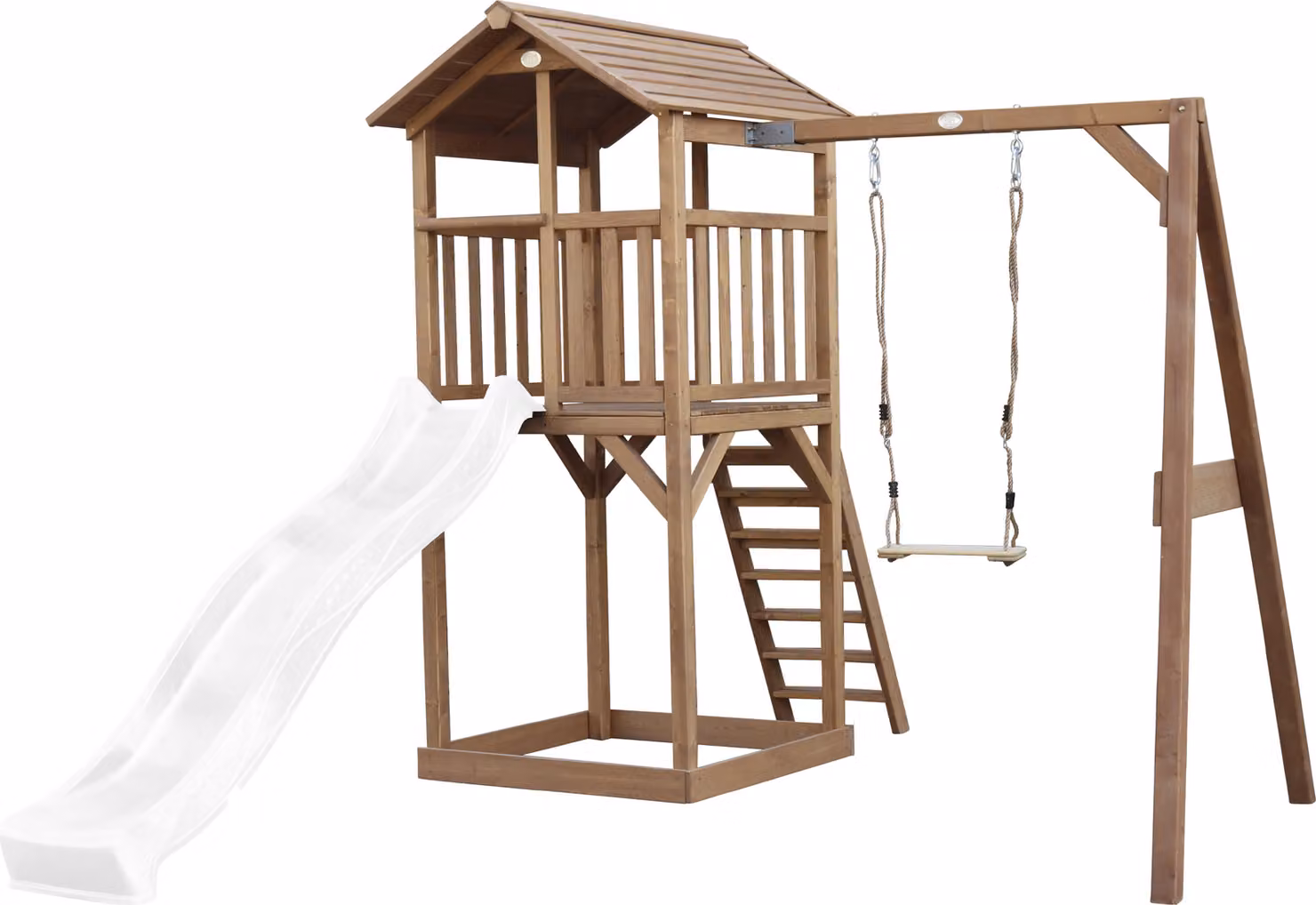 AXI Beach Tower parco giochi in legno in marrone | Torre di gioco per bambini con sabbiera, altalena e scivolo bianco | Casa per bambini su palafitte per il giardino