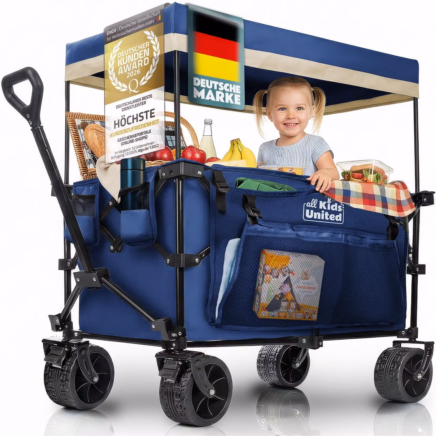 Carrello pieghevole per bambini Kids United, colore blu, con tenda parasole, portata massima di 150 kg, struttura in acciaio, portabevande, dimensioni 91x91x57 cm