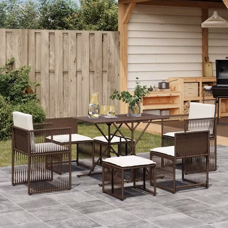 Set da pranzo da giardino vidaXL in polyrattan marrone e bianco con 7 pezzi e cuscini