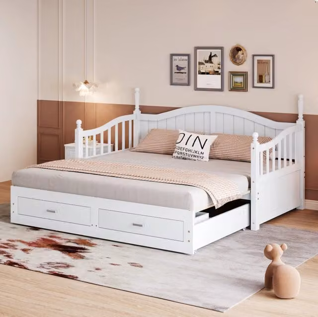 Divano letto estraibile ULEVR 90x190 cm con letto 180x190 cm, 2 cassetti e rete a doghe, bianco