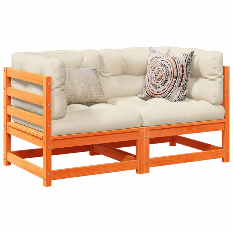 Set di divani da giardino vidaXL a forma di L in legno massello di pino con cuscini beige e colore marrone cera