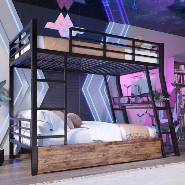 Letto a soppalco 236.8x149.2x160.5 cm con scrivania; cassetti; LED e scala in metallo e MDF nero