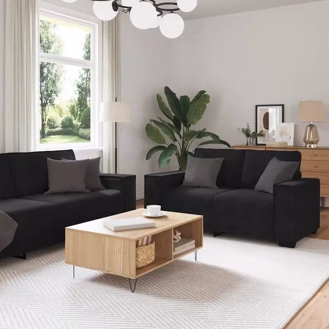Set di divani vidaXL in velluto nero composto da un divano a 2 posti e un divano a 3 posti con cuscini coordinati