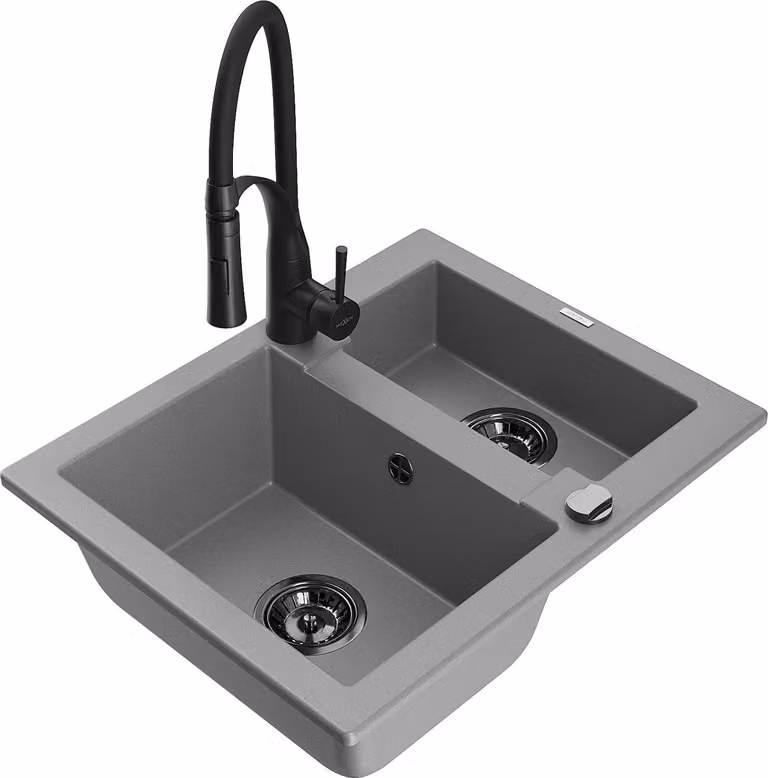 Mexen Carlos lavello in granito 1,5 vasche con rubinetto da cucina Aster, grigio - 6518-71-73450-70-B