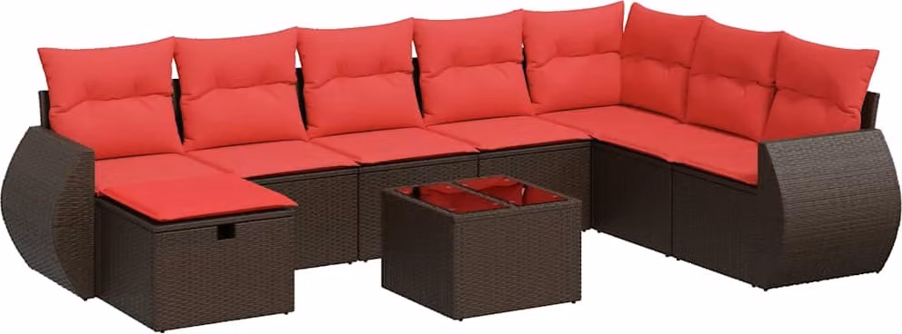 Set Divani da Giardino 9pz con Cuscini Marrone in Polyrattan