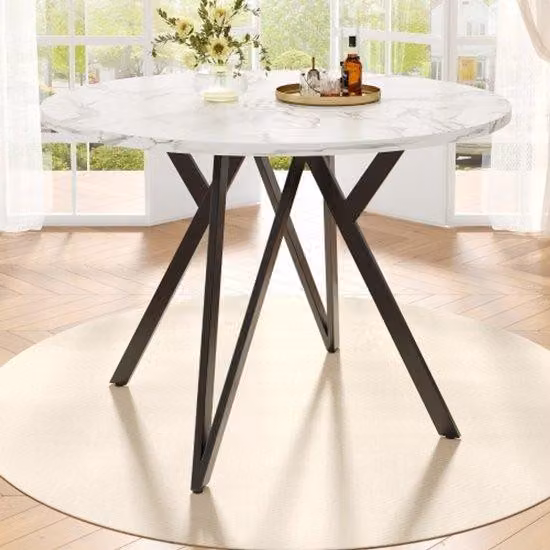 Tavolo rotondo per la sala da pranzo (100x100x76 cm), tavolino da soggiorno, tavolo rotondo per la sala da pranzo per 4 persone, adatto per il soggiorno, stile tubi in metallo, piano in MDF effetto marmo, colore nero