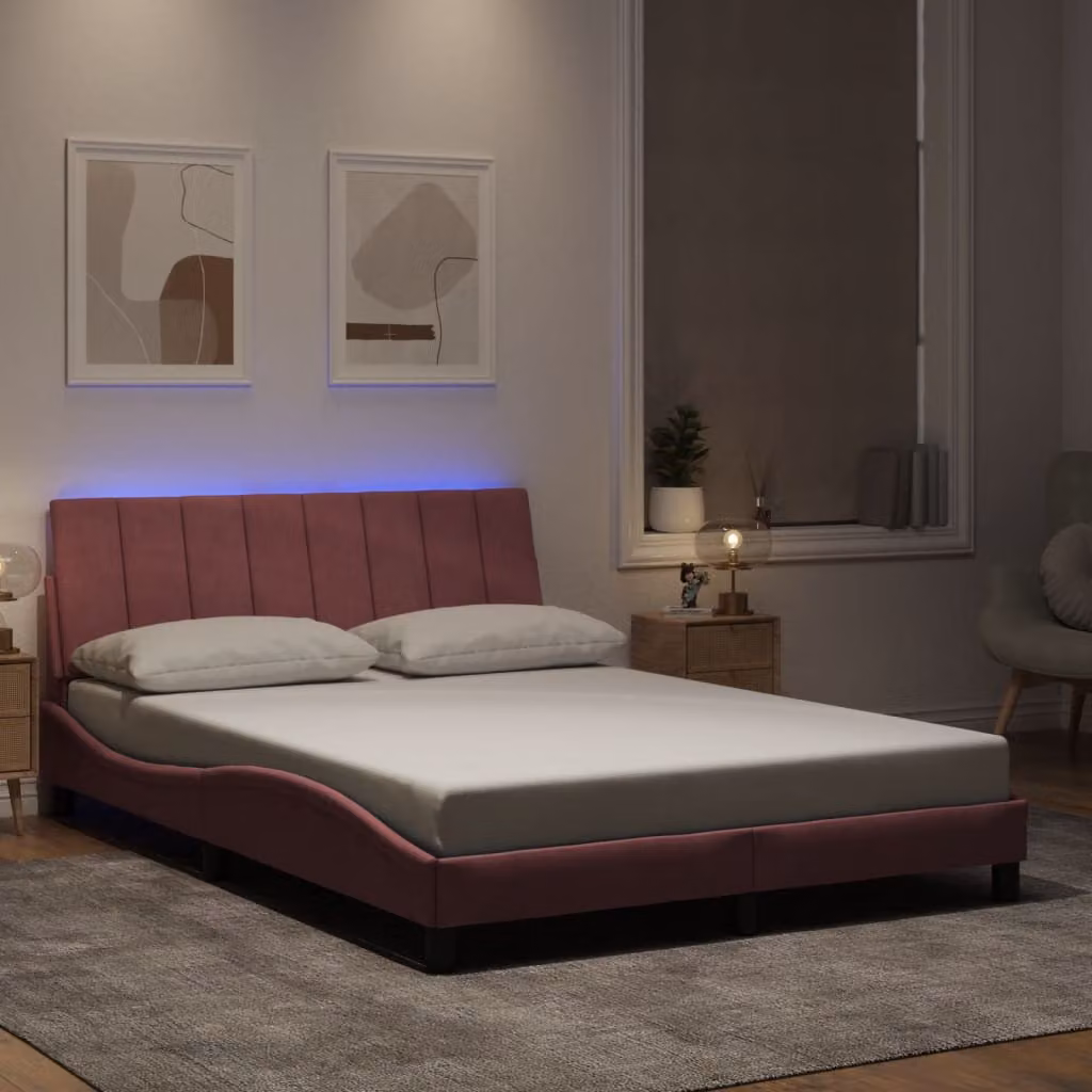 vidaXL Giroletto Hanko Rosa in Velluto con LED e Porte USB, L/P/H: 200 x 120 x 74,5 cm – 1