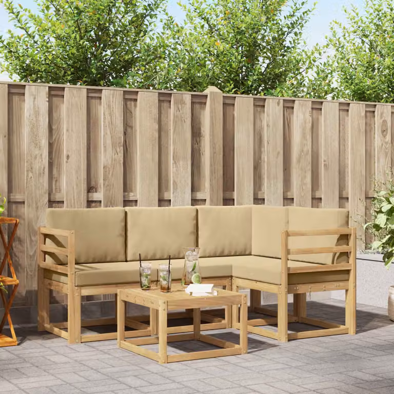 vidaXL Set di divani da esterno a forma di L in legno di acacia con tavolo da caffè, 5 pezzi, Bianco e Beige