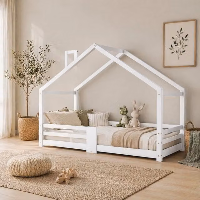 Letto a casetta per bambini REDOM in legno di pino bianco laccato L/P/H: 200 x 90 x 120 cm