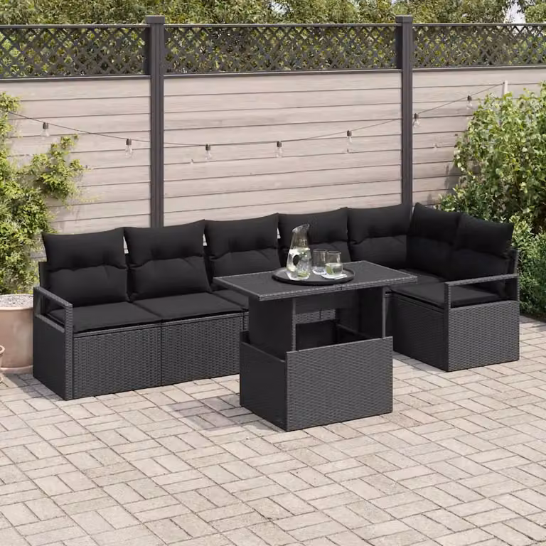 Set Divano da Giardino a L vidaXL 7 pz Nero con Poltrona, Elementi Angolari, Tavolino e Contenitore per Cuscini in Polyrattan e Acciaio