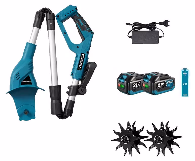 Fresatrice per giardino, design senza fili, motore ad alte prestazioni, set di 2 batterie da 3,0 Ah, spina europea da 220-240V