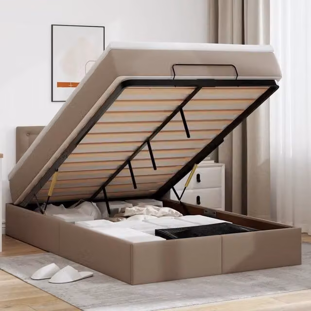 Pouf Letto con Base a Sollevamento vidaXL in Similpelle Beige con Illuminazione LED e Porta USB L/P/H: 120 x 200 x 88 cm – 1