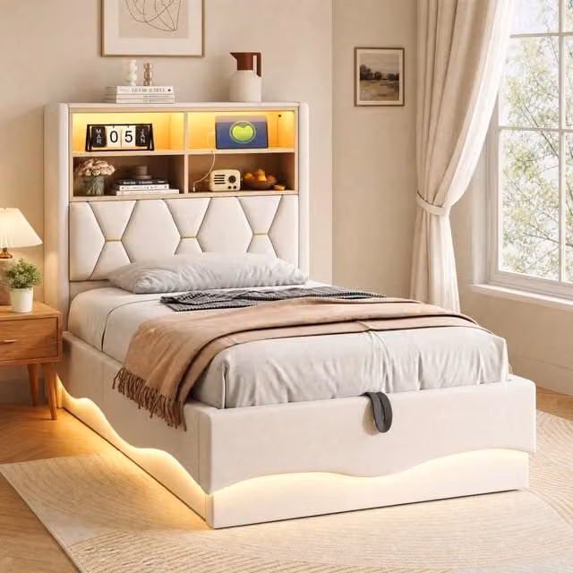 Letto imbottito ULEVR 90x200 cm con contenitore idraulico, LED RGB e USB, rivestimento in lino beige