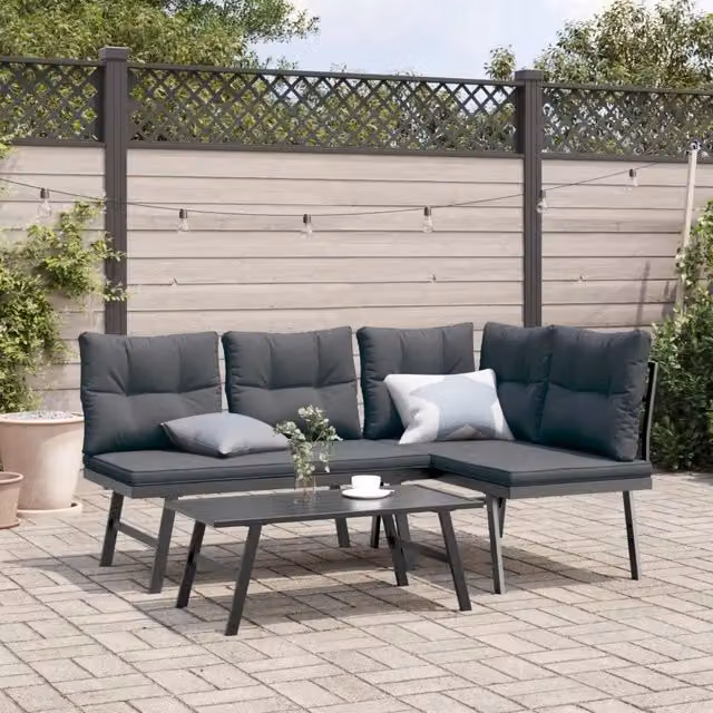 Set Panche Giardino Cuscini 3pz Nere Acciaio Verniciato Polvere 3283711