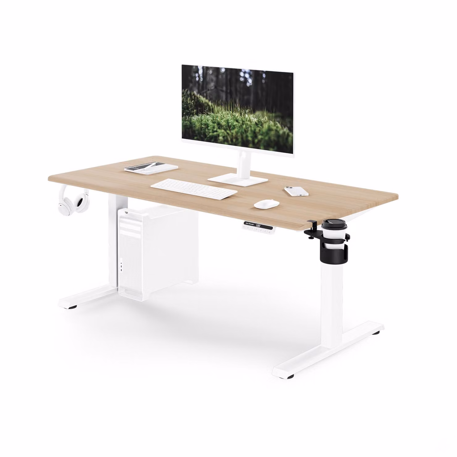Scrivania ergonomica, regolabile in altezza, bianca/effetto legno Sonoma: 140 x 70 cm: ARIA