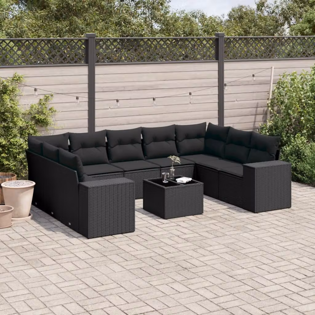 vidaXL Set Divani da Giardino a L 10 Pezzi in Polyrattan Nero con Cuscini e Tavolino – 1