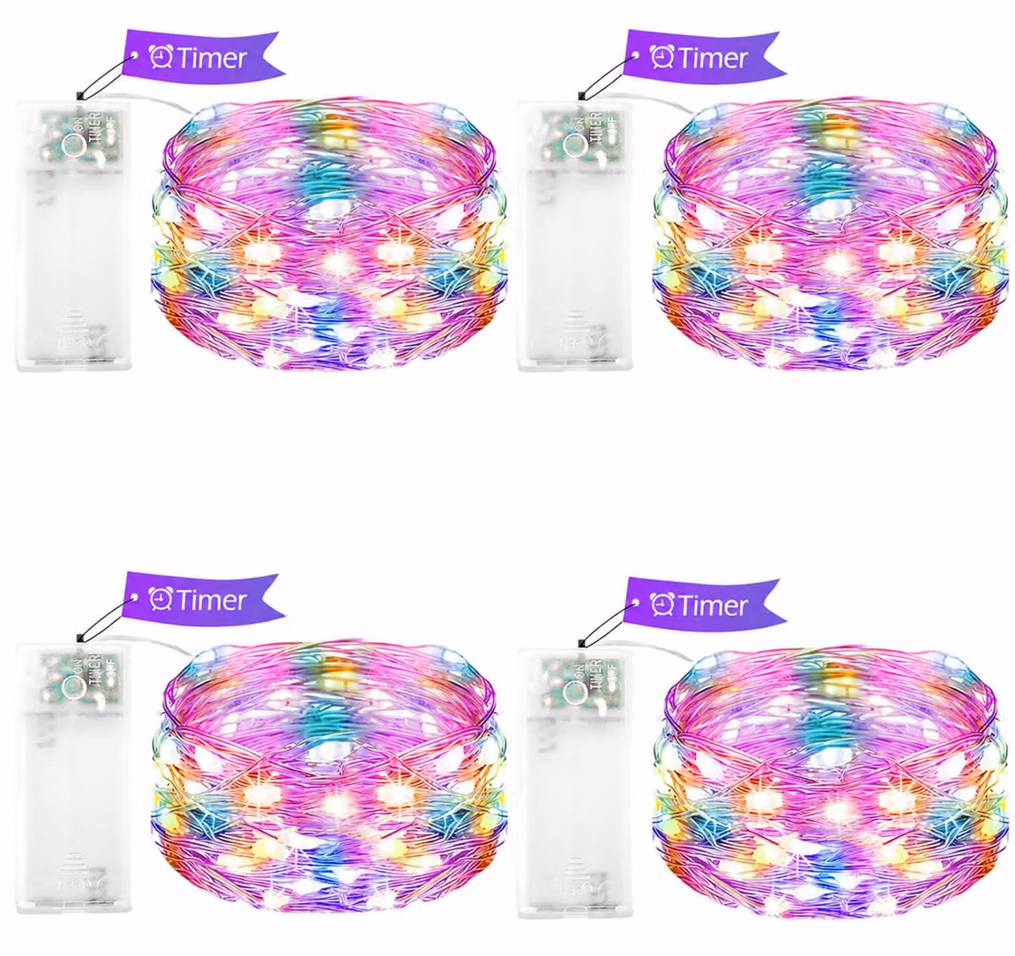 Catena luminosa in filo di rame, colorata, 1 metro, 10 LED, con timer, set da 4