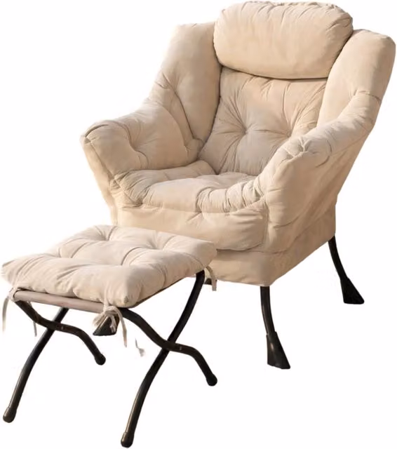 Poltrona relax con poggiapiedi pieghevole, cuscino poggiatesta e tasca laterale in tessuto e metallo beige