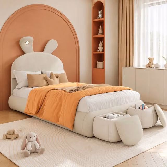 Letto singolo imbottito 90x200 cm con orecchie da coniglio; LED regolabile e 2 pouf contenitore; beige in velluto