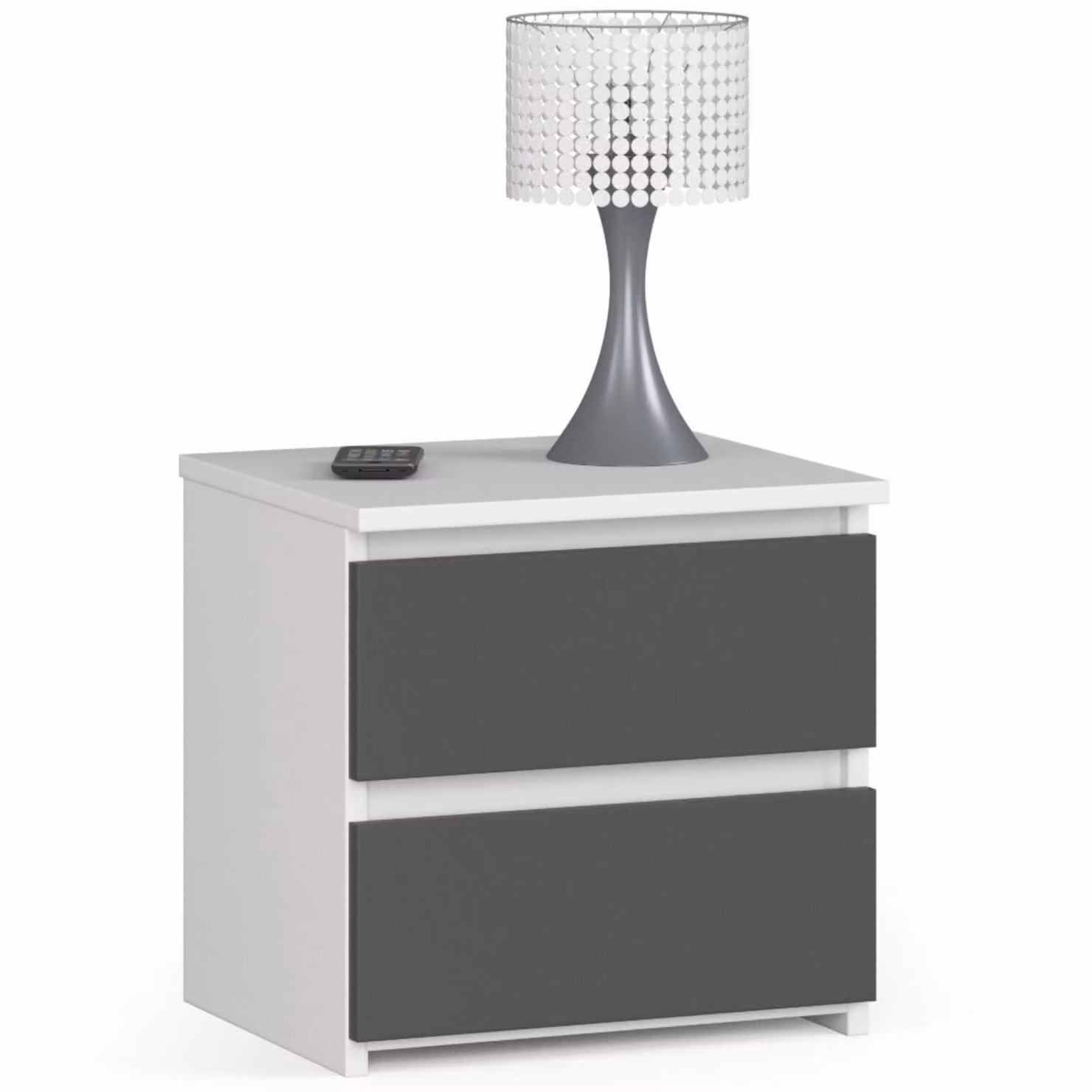 Comodino a due cassetti, alto 40 cm e largo 40 cm, soggiorno, camera da letto, ingresso, armadio, credenza, credenza alta, ampio spazio contenitivo, bianco-grigio