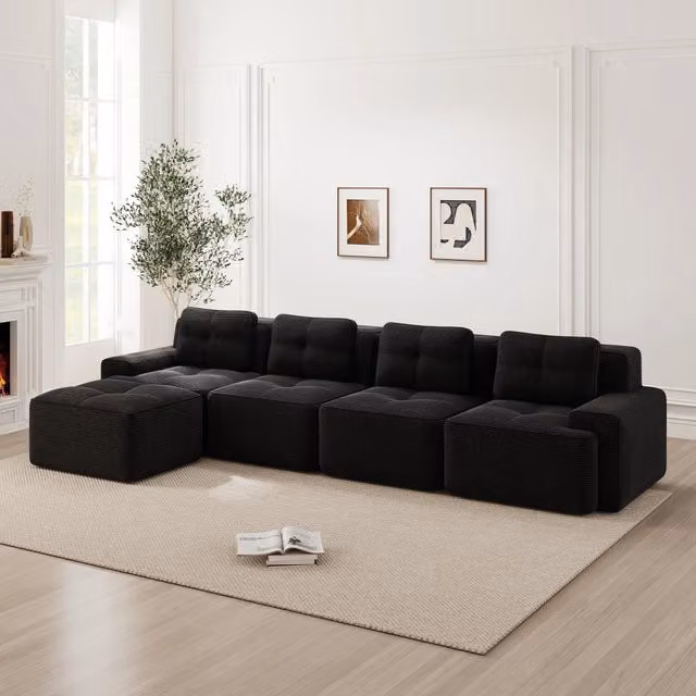 Divano modulare 382.0x177.0x69.0 cm con base antiscivolo in tessuto a coste nero