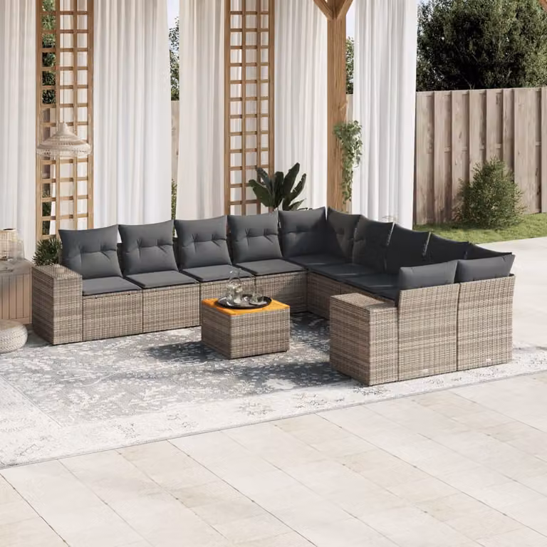 vidaXL Set Divani da Giardino 11 pz in Polyrattan Grigio con Cuscini Moderni a Forma di L