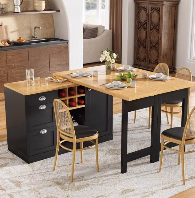 Tavolo bar estensibile girevole 120-197x40x74 cm con vano portabottiglie e cassetto; nero MDF