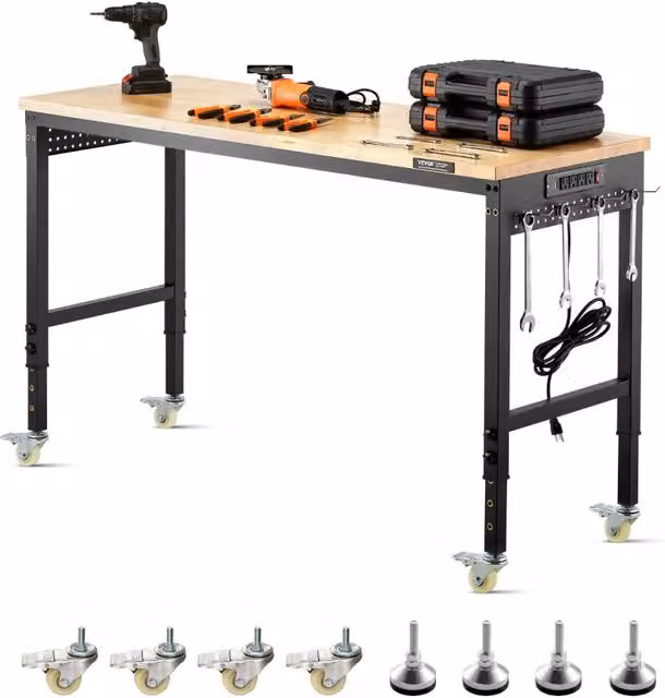 Banco da Lavoro Regolabile 1524 mm FGO6022V, Piano in Legno di Rovere, Carico 907 kg con Presa di Corrente, per Officina Garage Fai da Te