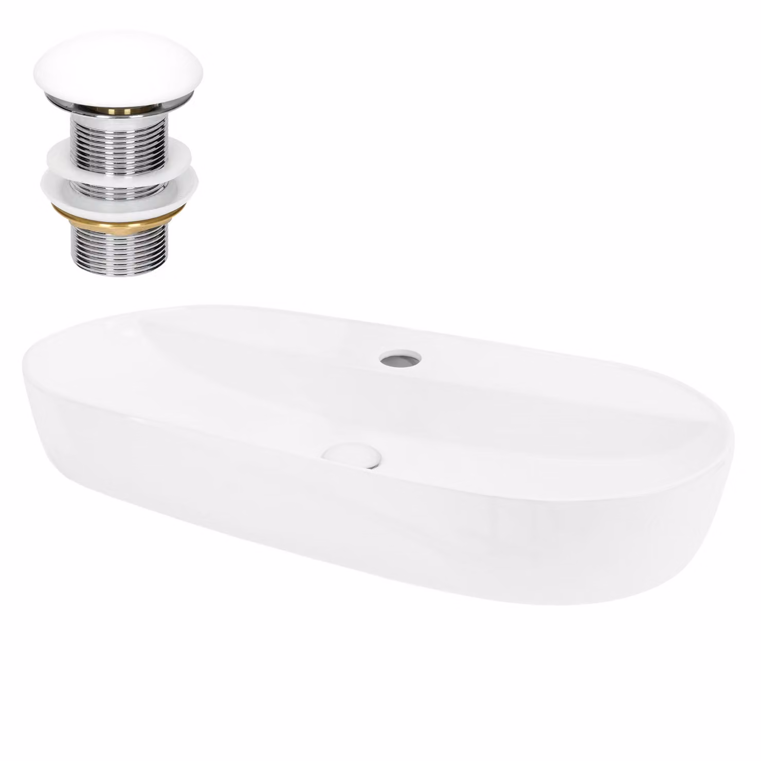 Lavabo LuxeBath Lavabo da appoggio ovale, 80x40x12 cm, bianco, Vetroceramica, incl. set di scarico senza troppopieno