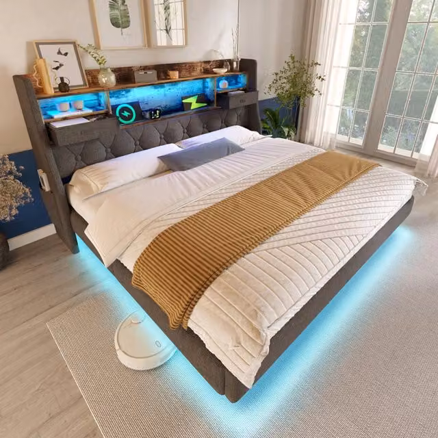 Letto matrimoniale 140x200 cm con LED; testiera contenitore e rete a doghe; imbottito in lino grigio