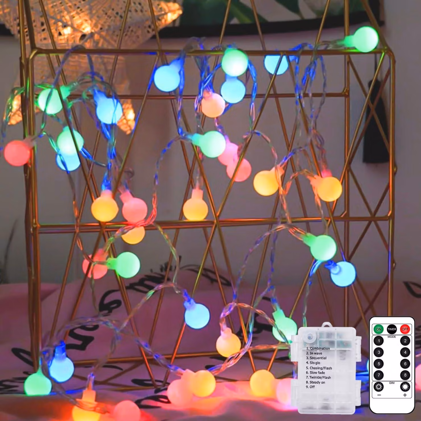 Catena luminosa a LED, lunghezza 10,3 metri, 80 sfere colorate, alimentazione a batteria, grado di protezione IP65