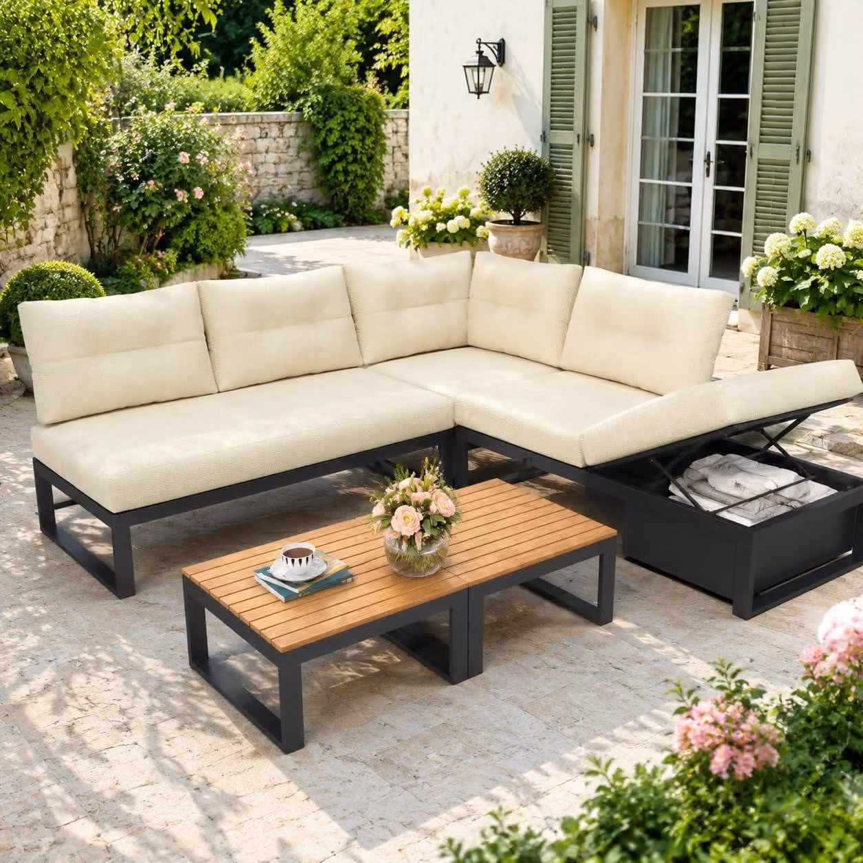 Set di mobili da giardino multifunzionale con schienale regolabile su 3 posizioni e funzione reclinabile, imbottiture comode e spesse, vano portaoggetti e rivestimento in poliestere resistente alle intemperie