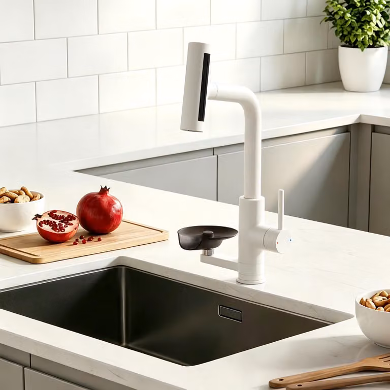 Miscelatore da cucina monocomando con funzione lavastoviglie, estraibile, 4 modalità, bianco