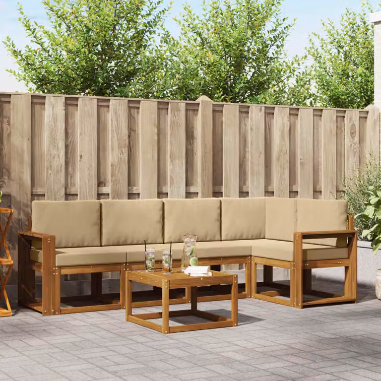Set di divani da esterno vidaXL 6 pz in legno di acacia con tavolo da caffè e cuscini, colore beige e marrone