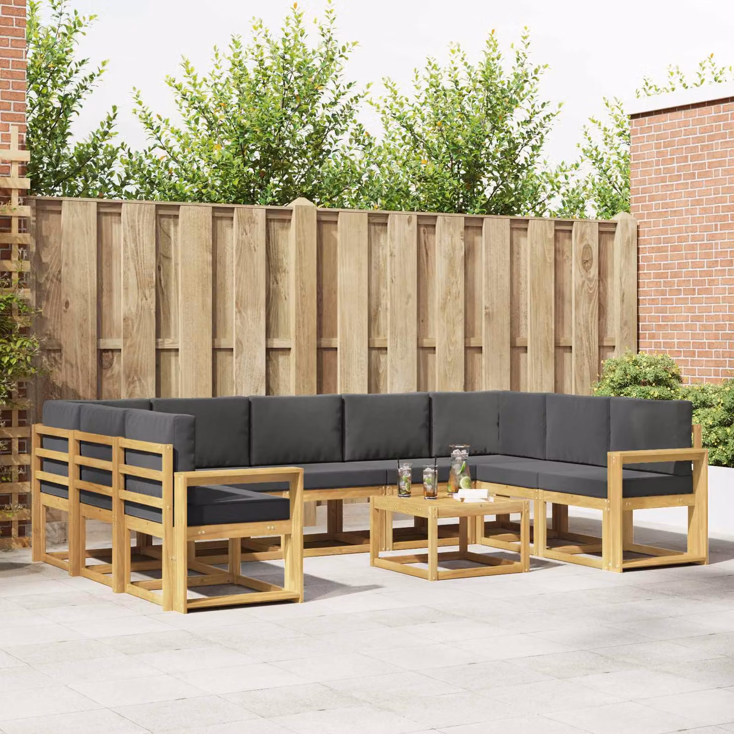 Set di divani da esterno vidaXL 10 pezzi in legno di acacia con cuscini bianchi e antracite per giardino e terrazza