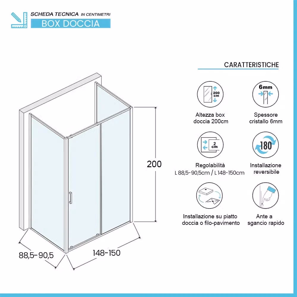 Box doccia angolare rettangolare Ted con porta scorrevole in vetro trasparente L: 150 cm, P: 90 cm, H: 200 cm – 2