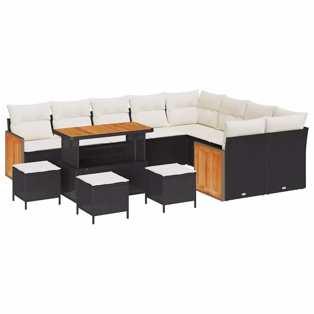 Set Divano da Giardino vidaXL 13 Pezzi a Forma di L con Tavolino e Pouf, Nero e Beige – 2