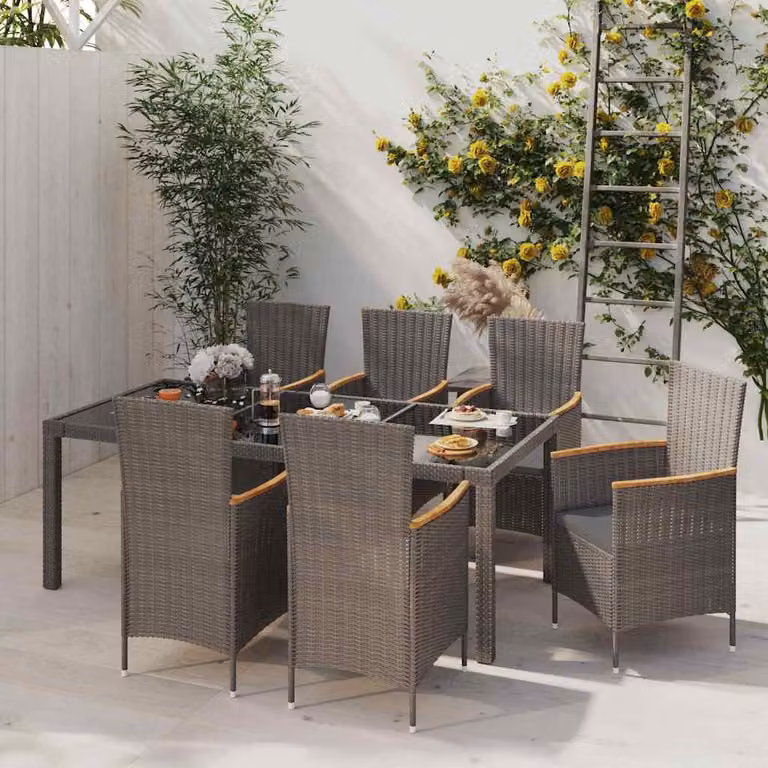 Set da giardino moderno vidaXL composto da 7 pezzi con tavolo rettangolare in vetro e sedute in rattan nei colori nero e grigio