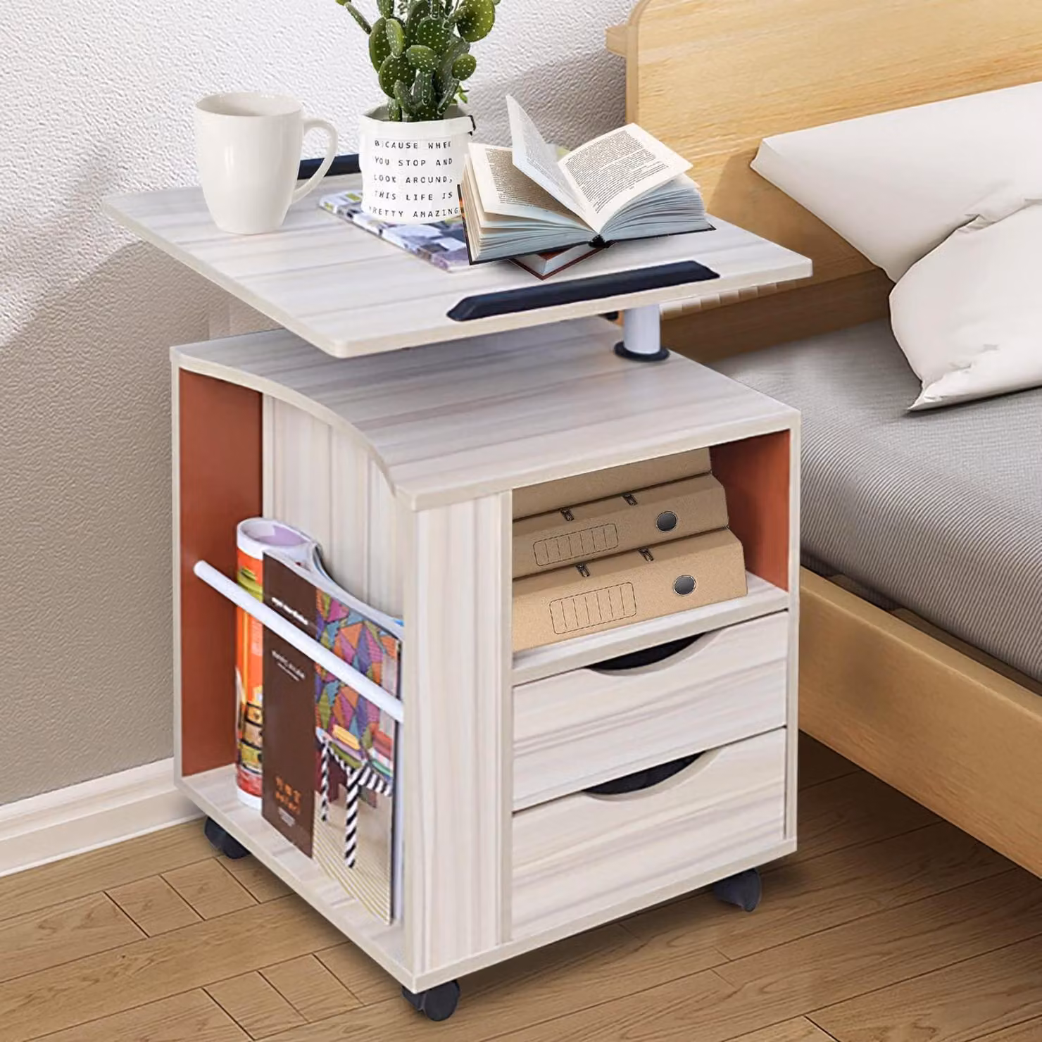 Tavolino da notte con 2 cassetti, altezza regolabile da 70 a 90 cm, girevole a 360°, in legno di acero bianco