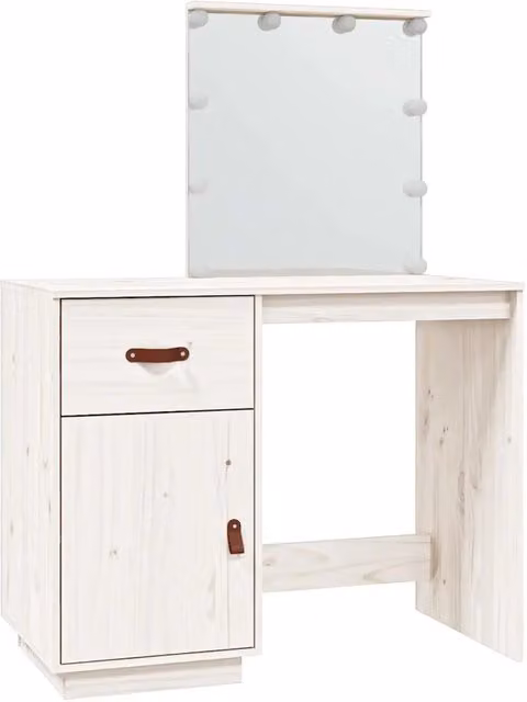 Toeletta Hollywood con LED in legno massello di pino bianca L 95 cm, P 50 cm, H 133,5 cm
