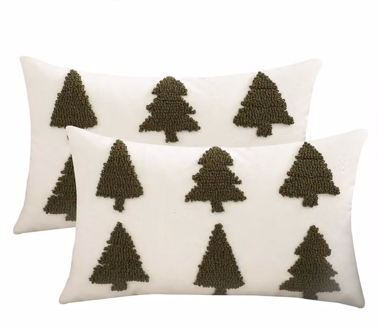 Copridivano natalizio, 2 pezzi, verde, motivo di albero di Natale in pelo, 30x50 cm, cotone