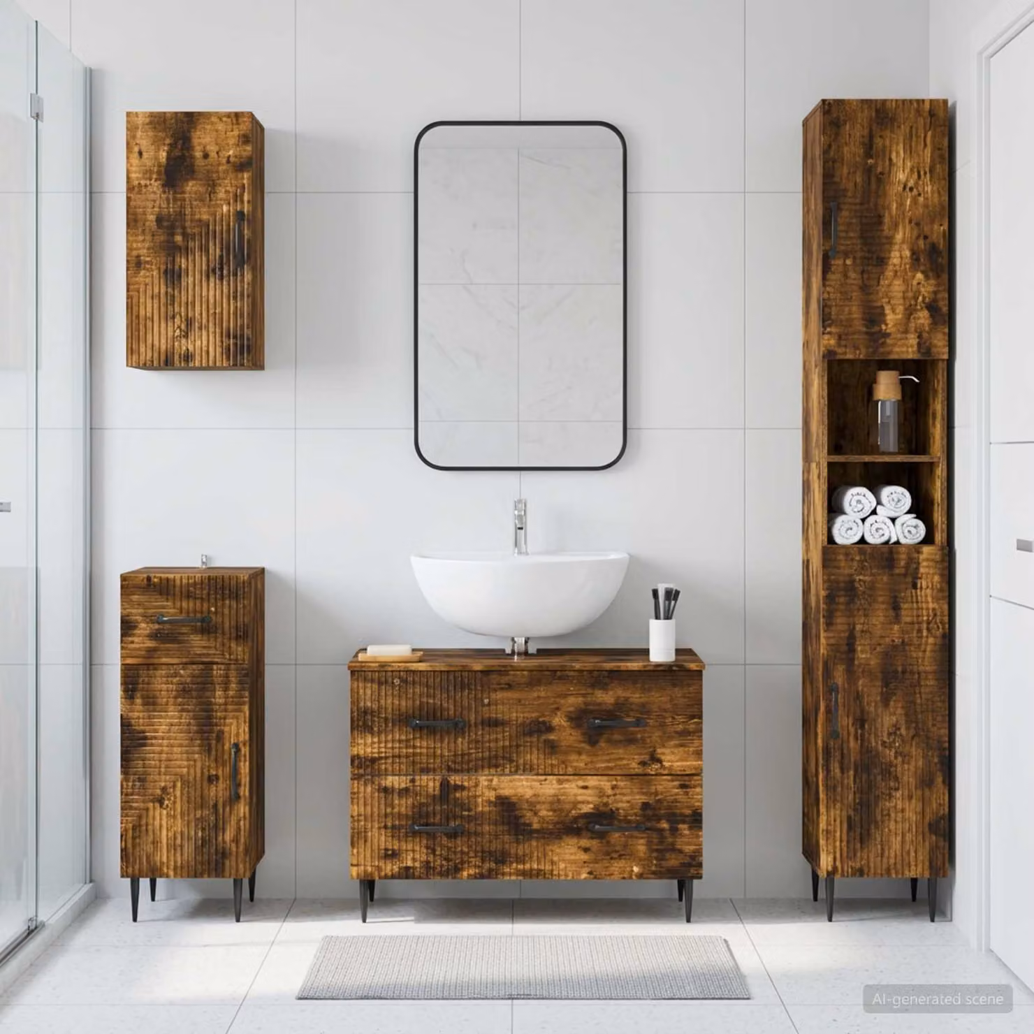 Set di mobili da bagno moderno vidaXL HAARLEM composto da 4 pezzi in legno color rovere fumo con vanità e pensili a muro