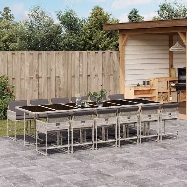 Set da Pranzo da Giardino 13pz con Cuscini Grigio in Polyrattan 3278074