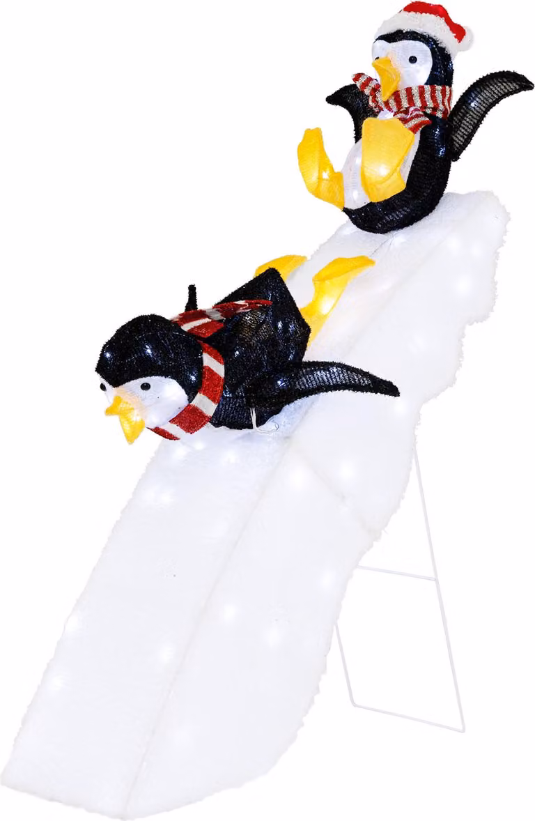 COSTWAY Pinguino di Natale a LED, decorazione natalizia illuminata con 130 LED bianchi freddi, figure natalizie da 120 cm con 2 pinguini sciatori, cappello e sciarpa