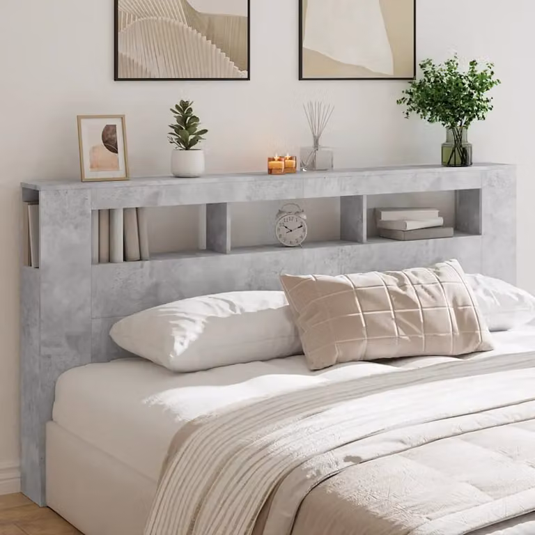 Testiera per letto con LED e porta USB vidaXL in legno multistrato, Grigio Cemento, L: 200 cm, P: 18,5 cm, H: 103,5 cm