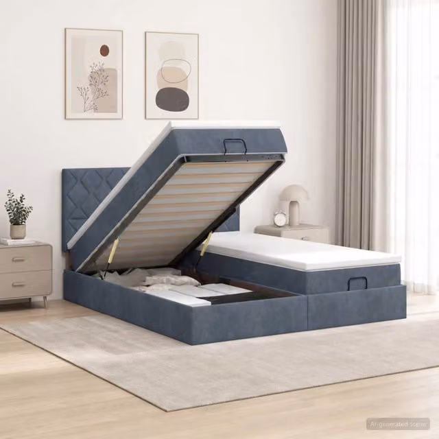 Letto ottomano con contenitore e materasso ibrido vidaXL in velluto grigio e bianco, L/P/H: 203 x 160 x 88 cm